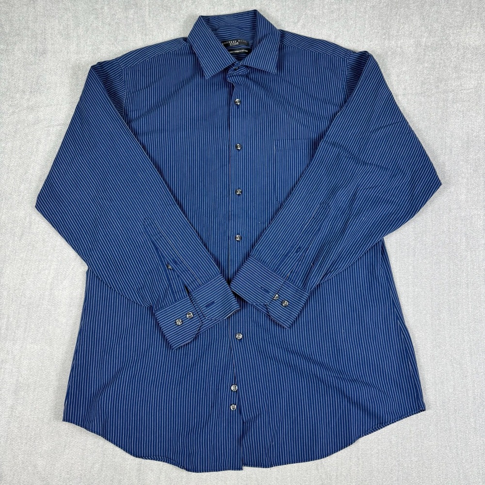 Geoffrey Beene Fitted Pinstripe Button Down Shirt Mens L Blue White Cotton Blend